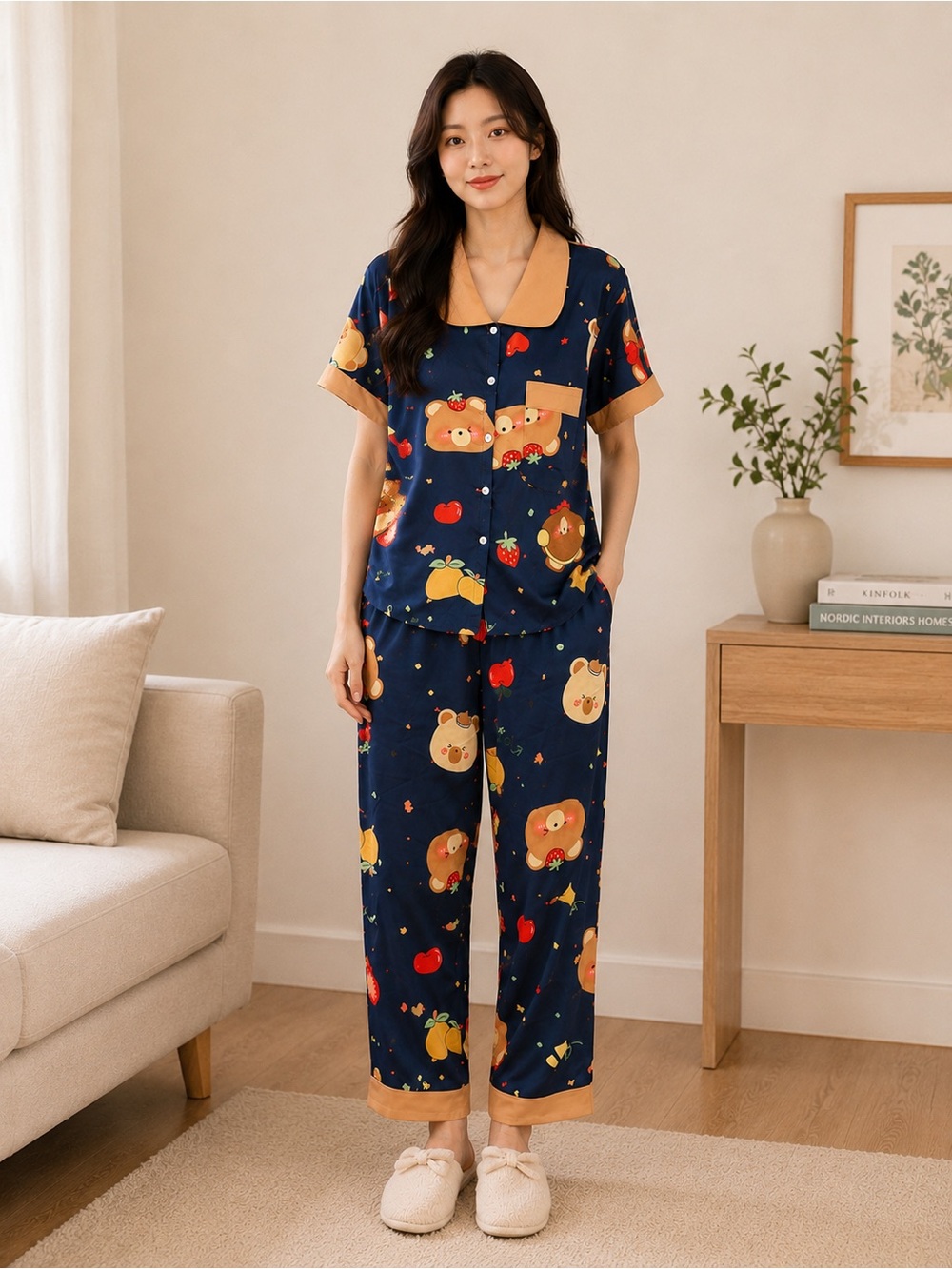 Navy Fruit-Print Short-Sleeve Pajama Set with Contrast Trim
